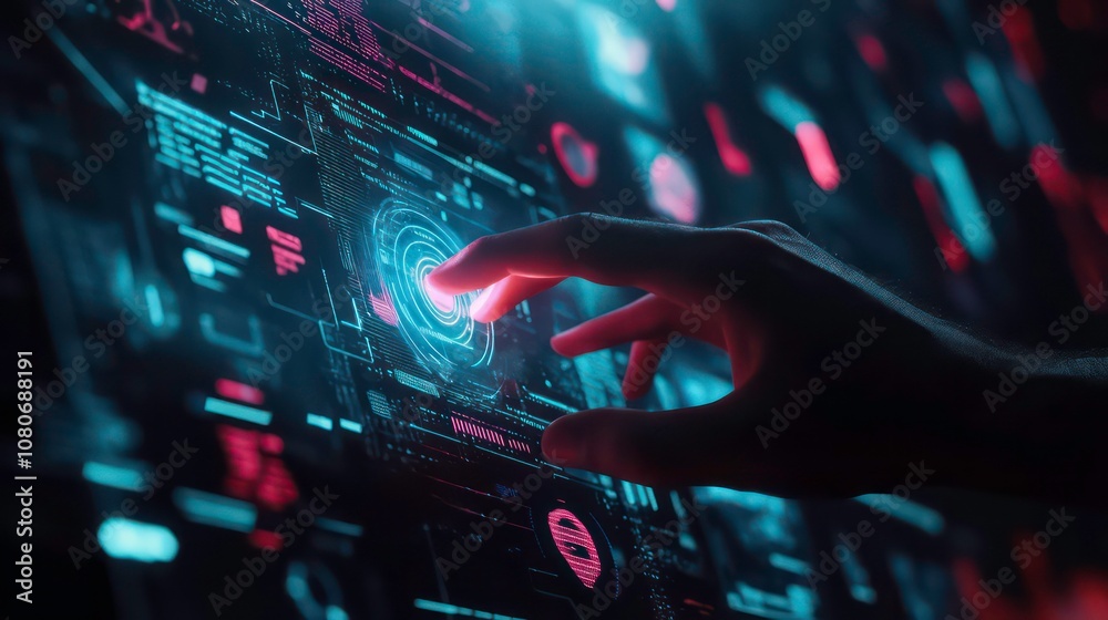 Poster a hand reaches out to touch a glowing blue circle on a futuristic digital interface.