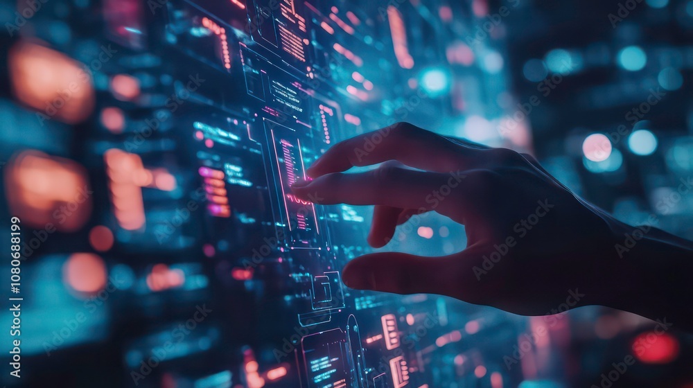 Poster A hand interacts with a futuristic digital interface, navigating through a complex network of data and information.