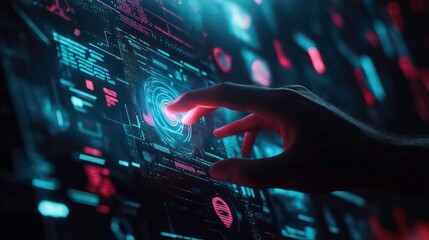 A hand reaches out to touch a glowing blue circle on a futuristic digital interface.