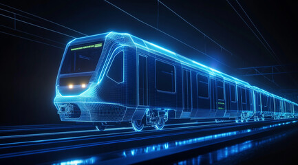 Naklejka premium A futuristic train in wireframe illustration style is traveling down the tracks. 