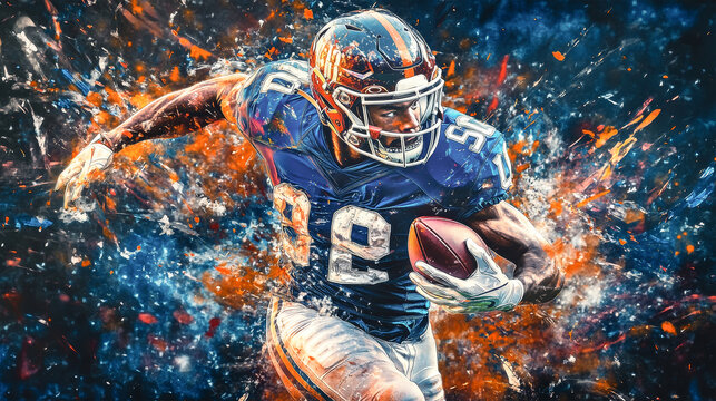 Dynamic American football player in vibrant action with paint splatter effects, capturing intensity on a dark blue background during a game