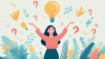 A woman joyfully surrounded by plants and light bulbs representing ideas and creativity in spring