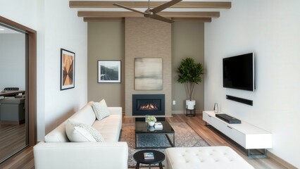 Fototapeta premium Modern Living Room with White Sofa, Fireplace, and TV - Perfect for Relaxation and Entertainment