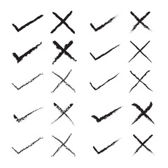 Grunge hand drawn brush strokes cross X and tick OK check marks V vector illustration set