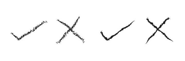 Grunge hand drawn brush strokes cross X and tick OK check marks V vector illustration set