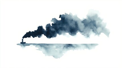Smoke billowing from a factory, water reflection, white isolate background.