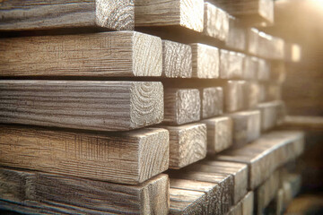 Stacked seasoned pine boards at a rustic sawmill, showcasing smooth and shiny wooden surfaces for construction and carpentry projects