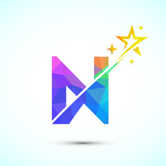 Initial alphabet N with swoosh and star logo icon. Abstract star logo sign symbol design