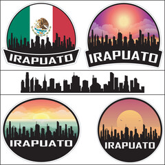 Obraz premium Irapuato Mexico Flag Skyline Cityscape Silhouette Travel Souvenir Sticker Isolated Vector