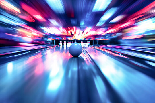 A bowling ball strikes pins in a dramatic action shot, capturing the excitement of championship night in a vibrant and colorful alley - Powered by Adobe