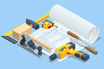 Isometric Carpentry tools or Woodworking tools. Miter box, Mallet, Tape measure, Chisel, Screwdriver and woodworkers plane carpentry chisel