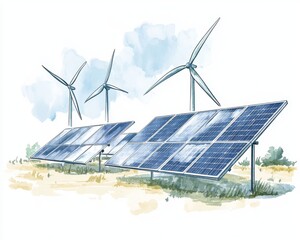Solar panels and wind turbines in a clean energy landscape.