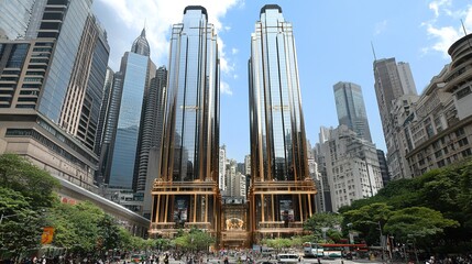 Obraz premium Modern skyscrapers tower over bustling city streets, with greenery at the forefront and a backdrop of blue sky, showcasing urban architecture and lifestyle in a vibrant metropolis.
