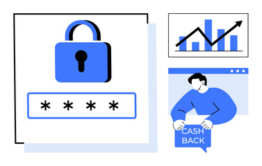 Padlock symbol with password field, upward trending bar graph in a window, person holding cash back, depicting themes of security, finance, online transactions, data protection, and ROI. Ideal for