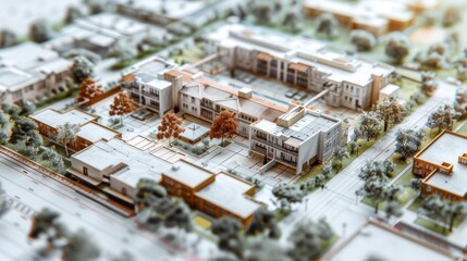 A miniature model of a small town with buildings, trees, and roads.