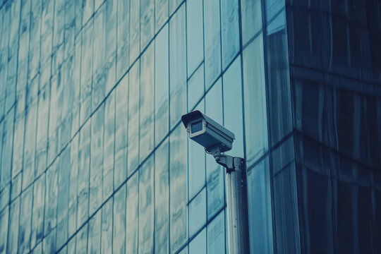 Street-level view of surveillance camera on modern office building