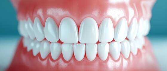 Fototapeta premium Close-up of realistic white teeth with a healthy gum line on a blue background.