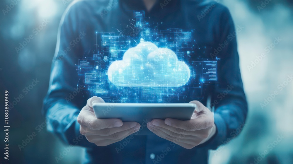 Poster A man holds a tablet with a glowing cloud icon above it, representing cloud computing.