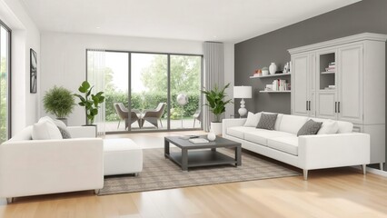 Fototapeta premium Modern Living Room Design: White Sofas, Wooden Floors, and Natural Light for a Cozy and Stylish Home