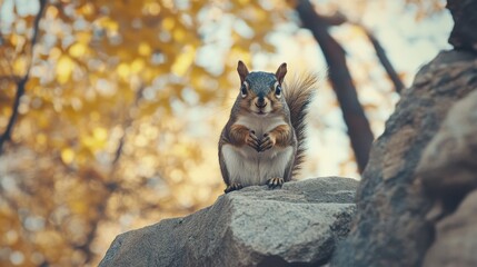Squirrel perched on the edge of a wall, its curious gaze and stance capturing a moment of playful curiosity.