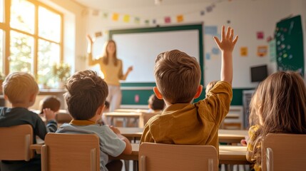 Young Students Engaged in a Classroom with Teacher, Children Raising Hands in a Bright and Inspiring Learning Environment
