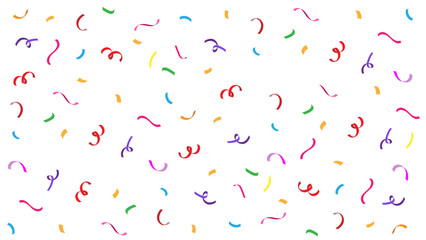 White background with scattered colorful confetti ribbons in various shapes and sizes