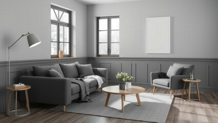 Modern Living Room Design: Cozy Grey Sofa, Wooden Coffee Table, and Natural Lighting for Relaxing Spaces