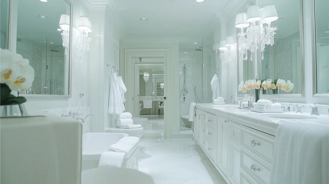 Luxury Bathroom Sanitized, featuring an all-white color scheme, flawless mirrors, and freshly disinfected counters for a serene, spa-like ambiance.