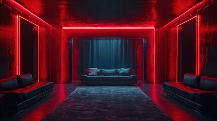 Fototapeta premium A modern living room with red neon lights, dark walls, and three black leather sofas.