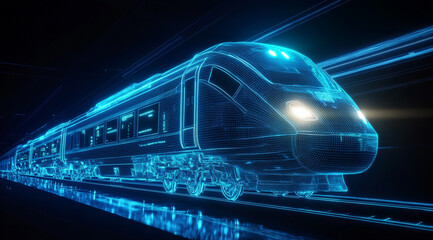 A futuristic train in wireframe illustration style is traveling down the tracks.   