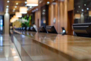Fototapeta premium Generative AI Image of a Modern Hotel Lobby Interior with Elegant Reception Desk