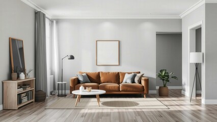 Modern Living Room Design with Brown Sofa, Wooden Floors, and Minimalist Decor Perfect for Cozy Relaxation and Contemporary Living