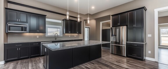 Modern Kitchen with Black Cabinets, Stainless Steel Appliances, and Granite Countertops