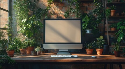All-in-one computer with blank screen front view in industrial workspace mockup