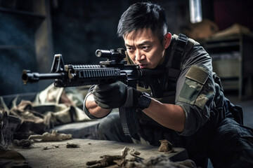 Chinese soldier in tactical gear aiming a rifle during a nighttime training exercise in a dimly lit training facility