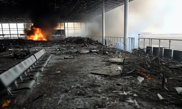 A burnt and destroyed airport terminal with a row of seats, a black suitcase, and smoke and fire in the background.