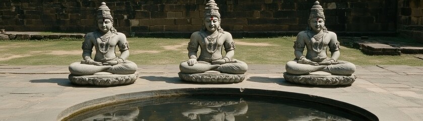 Three seated statues in meditation around a circular water feature.