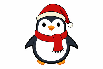 Christmas Penguin with Santa Hat and Scarf, Vector Outline of A cute Penguin on white background