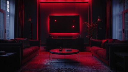 A modern living room with a large TV, two sofas, a coffee table and red ambient lighting.