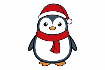 Christmas Penguin with Santa Hat and Scarf, Vector Outline of A cute Penguin on white background