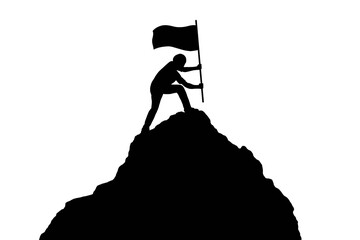 A silhouette of a person holding a flag at the summit of a mountain, symbolizing achievement and perseverance.