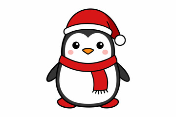 Christmas Penguin with Santa Hat and Scarf, Vector Outline of A cute Penguin on white background