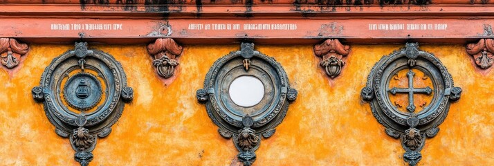 Ornate wall with decorative circular elements on a vibrant orange background.