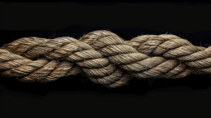 A close-up of a thick, braided rope against a black background. The rope is tied in a knot, creating a complex pattern of woven fibers.