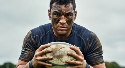 Determined rugby player holding ball with muddy face on overcast day