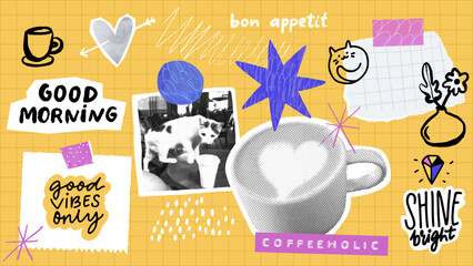 Coffee art collage, halftone cappuccino cup, taped memo notes, positive quotes and lettering pinned on yellow board, horizontal banner. Cafe trendy elements set
