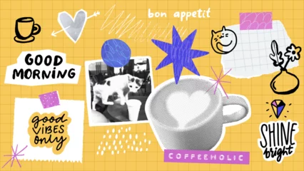 Coffee art collage, halftone cappuccino cup, taped memo notes, positive quotes and lettering pinned on yellow board, horizontal banner. Cafe trendy elements set