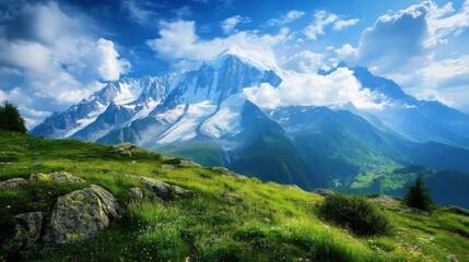 Fototapeta premium Majestic mountain landscape under a vibrant sky with lush greenery.