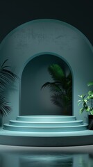 Fototapeta premium Stylish minimalist interior featuring an arched doorway, tropical plants, and soft lighting, ideal for contemporary home decor and architectural inspiration.
