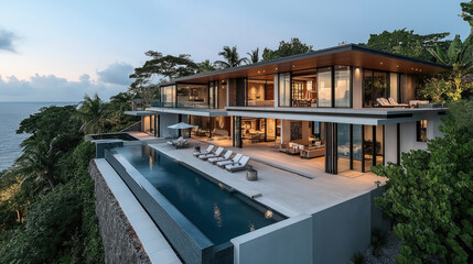 Luxurious modern villa with infinity pool overlooking the ocean surrounded by lush greenery and open living spaces